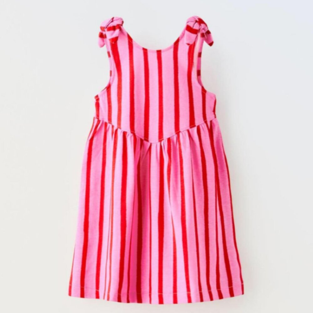 Zara Pink Striped Pinstripe Kids' Dress Shoulder Bow Size 3 Years (98cm)